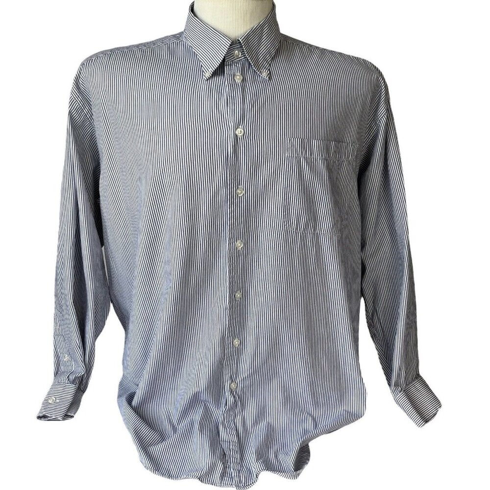 Nautica Mens Button Down Shirt  Blue White Stripe Long Sleeve Size 17 1/2  34-35